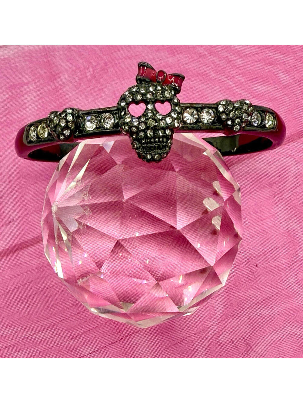 Betsey Johnson Pave Crystal Skull Hinged Bangle Bracelet Black Gunmetal Pink Bow